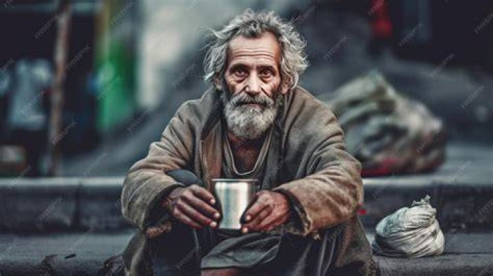 Homeless Beggar Man Sitting Outdoors in City Asking for Money Donation